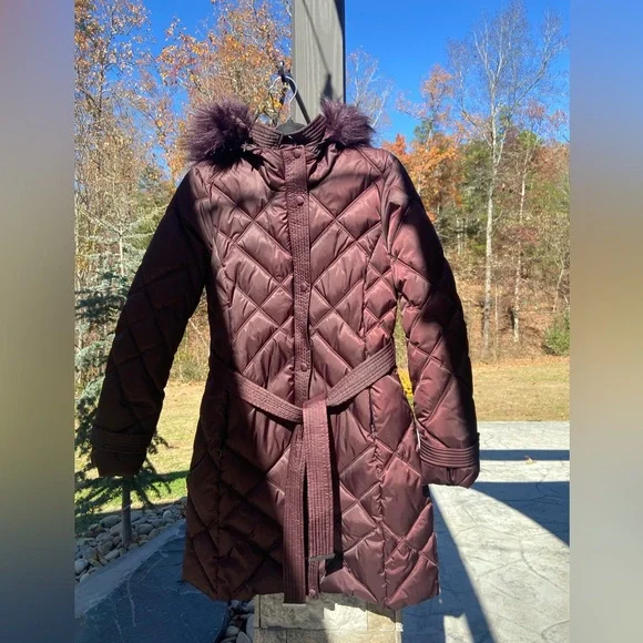 Belted Quilted Long Puffer Coat Fur Hood Plum Burgundy Size Small - Picture 7 of 11